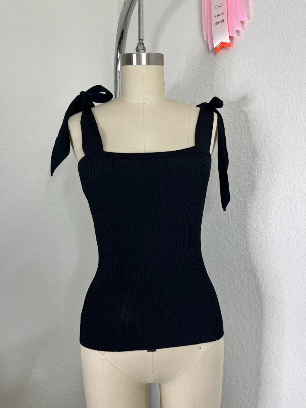 ZIMMERMANN Lulu' Tie Shoulder Strap Square Neck Tank Top Ribbed In Black - Picture 2 of 10
